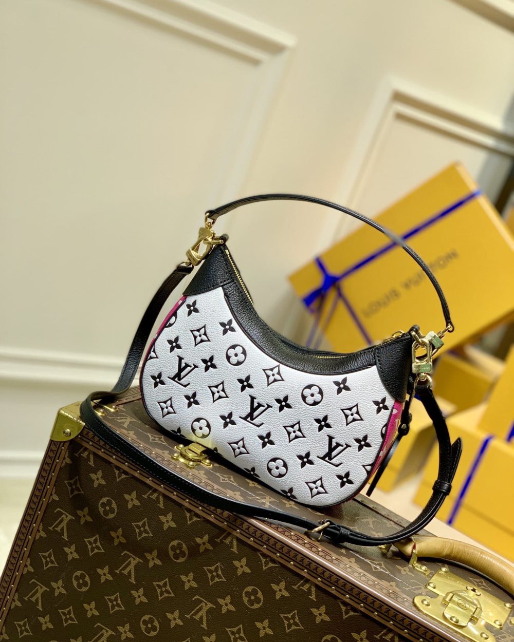 1:1 Replica Louis Vuitton LV Bagatelle Bicolor Monogram Empreinte Leather Luxury Bag For Women M46091 - 22cm/8.7in