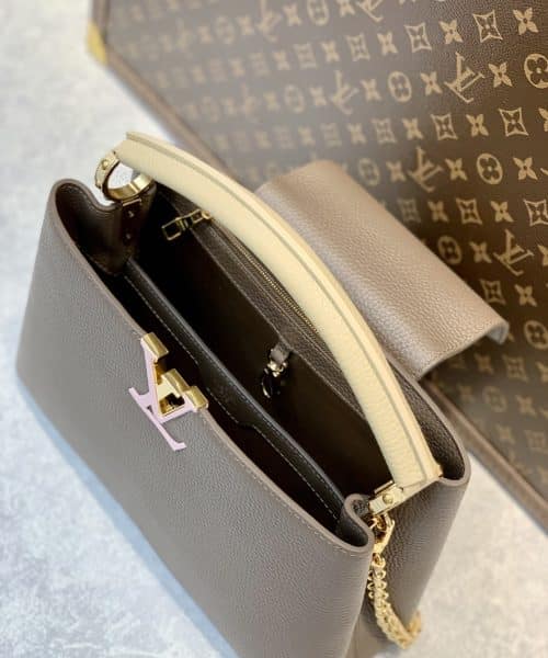 1:1 Replica Louis Vuitton LV Capucines BB Taurillon Smokey Brown Green/ Creme/ Pink Luxury Bag For Women M59516 - 27cm/10.6in