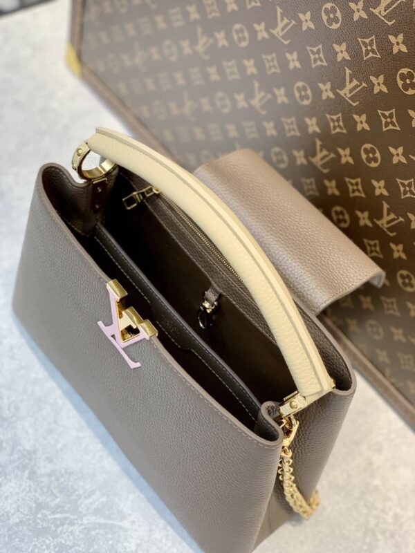1:1 Replica Louis Vuitton LV Capucines BB Taurillon Smokey Brown Green/ Creme/ Pink Luxury Bag For Women M59516 - 27cm/10.6in