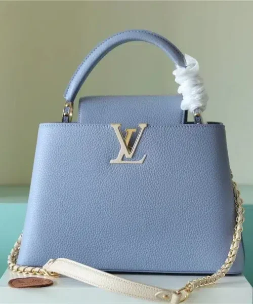 1:1 Replica Louis Vuitton LV Capucines MM Taurillon Light Blue/ Beige Luxury Bag For Women - 12.4in/31.5cm