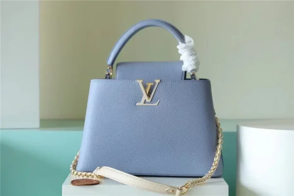 1:1 Replica Louis Vuitton LV Capucines MM Taurillon Light Blue/ Beige Luxury Bag For Women - 12.4in/31.5cm