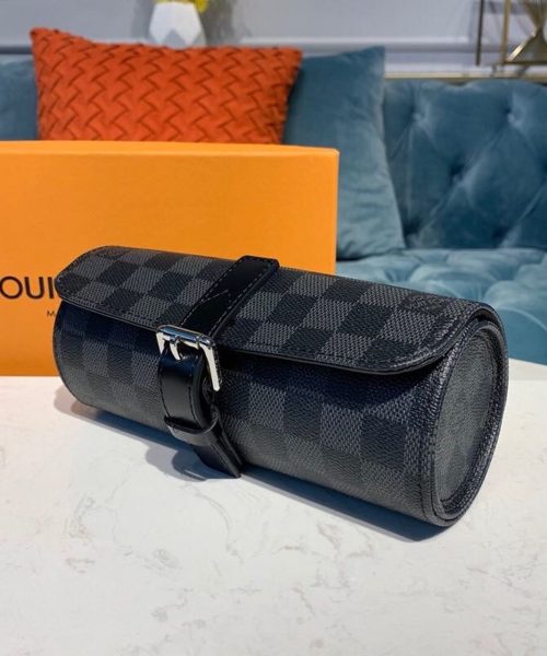 1:1 Replica Louis Vuitton LV 3 Watch Case Damier Graphite Canvas Unique Bag For Men N41137 - 7.9in/20cm