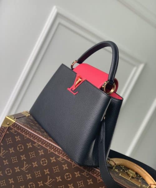 1:1 Replica Louis Vuitton LV Capucines MM Taurillon Black/ Rose Berlingot Luxury Bag For Women M59882 - 12.4in/31.5cm