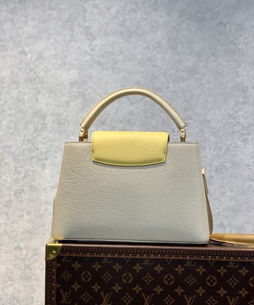 1:1 Replica Louis Vuitton LV Capucines MM Taurillon Creme Beige/ Plume Yellow Berlingot Luxury Bag For Women M59883 - 12.4in/31.5cm