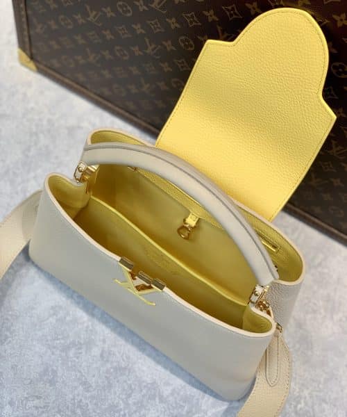 1:1 Replica Louis Vuitton LV Capucines MM Taurillon Creme Beige/ Plume Yellow Berlingot Luxury Bag For Women M59883 - 12.4in/31.5cm