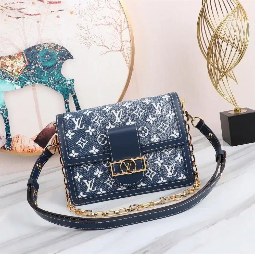 1:1 Replica Louis Vuitton LV Dauphine MM Denim Jacquard Monogram Pattern Navy Blue Luxury Bag For Women M59631 - 9.8in/25cm