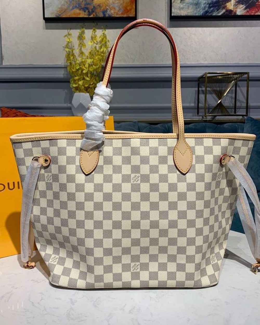 1:1 Replica Louis Vuitton LV Neverfull MM Damier Azur Canvas Luxury Bag For Women N41361 - 12.2in/31cm