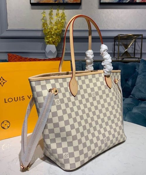 1:1 Replica Louis Vuitton LV Neverfull MM Damier Azur Canvas Luxury Bag For Women N41361 - 12.2in/31cm