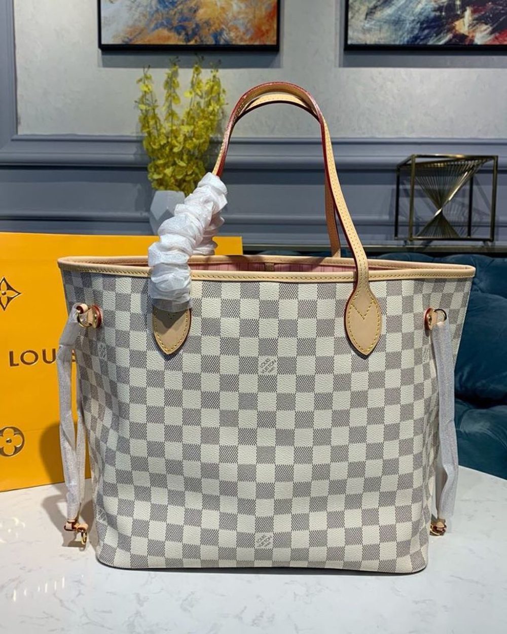 1:1 Replica Louis Vuitton LV Neverfull MM Damier Azur Canvas Luxury Bag For Women N41605 - 12.2in/31cm