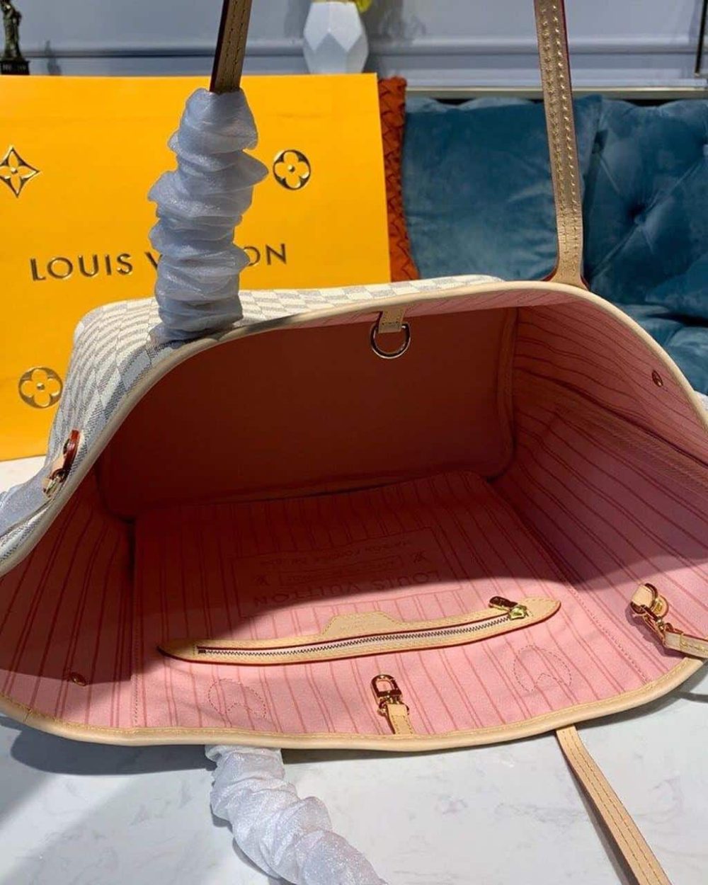 1:1 Replica Louis Vuitton LV Neverfull MM Damier Azur Canvas Luxury Bag For Women N41605 - 12.2in/31cm