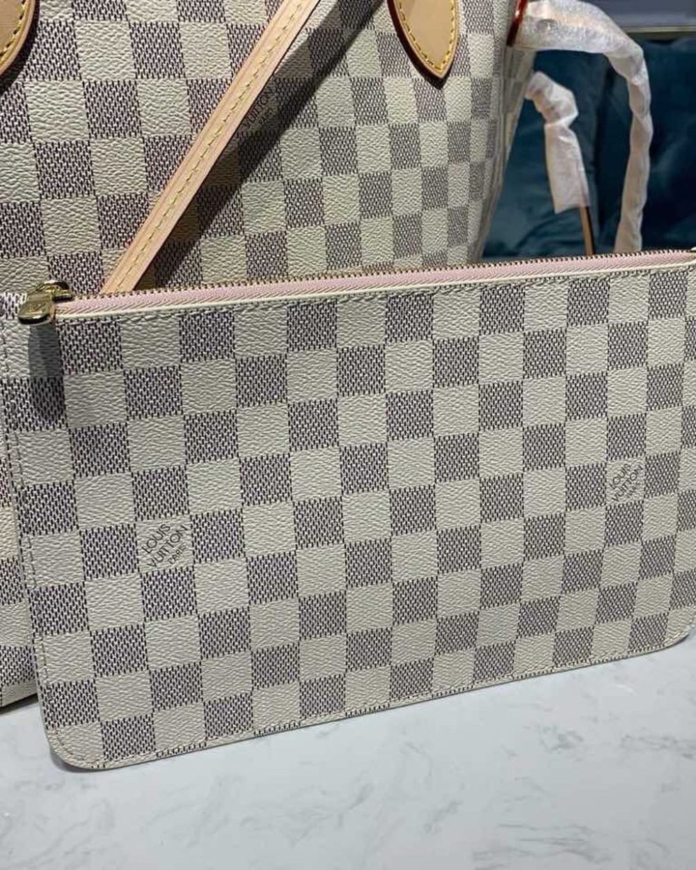 1:1 Replica Louis Vuitton LV Neverfull MM Damier Azur Canvas Luxury Bag For Women N41605 - 12.2in/31cm