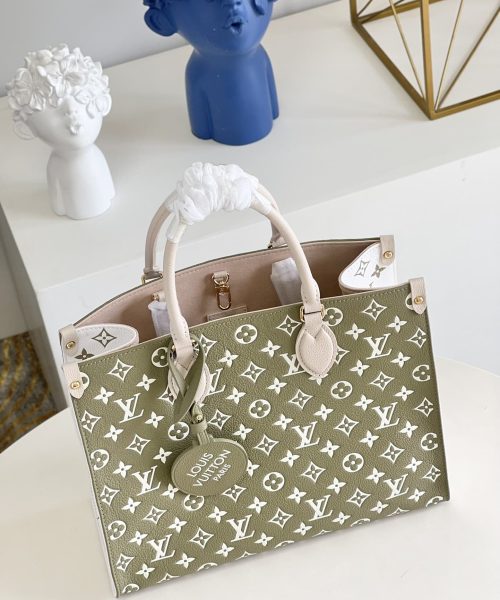 1:1 Replica Louis Vuitton LV Onthego MM Monogram Empreinte Khaki Green Luxury Bag For Women M46060 - 35cm