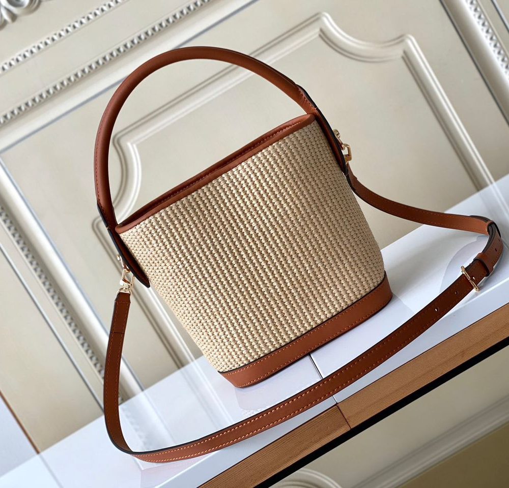 1:1 Replica Louis Vuitton LV Petit Bucket Raffia Caramel Brown Luxury Bag For Women M59961 - 9.4in/24cm