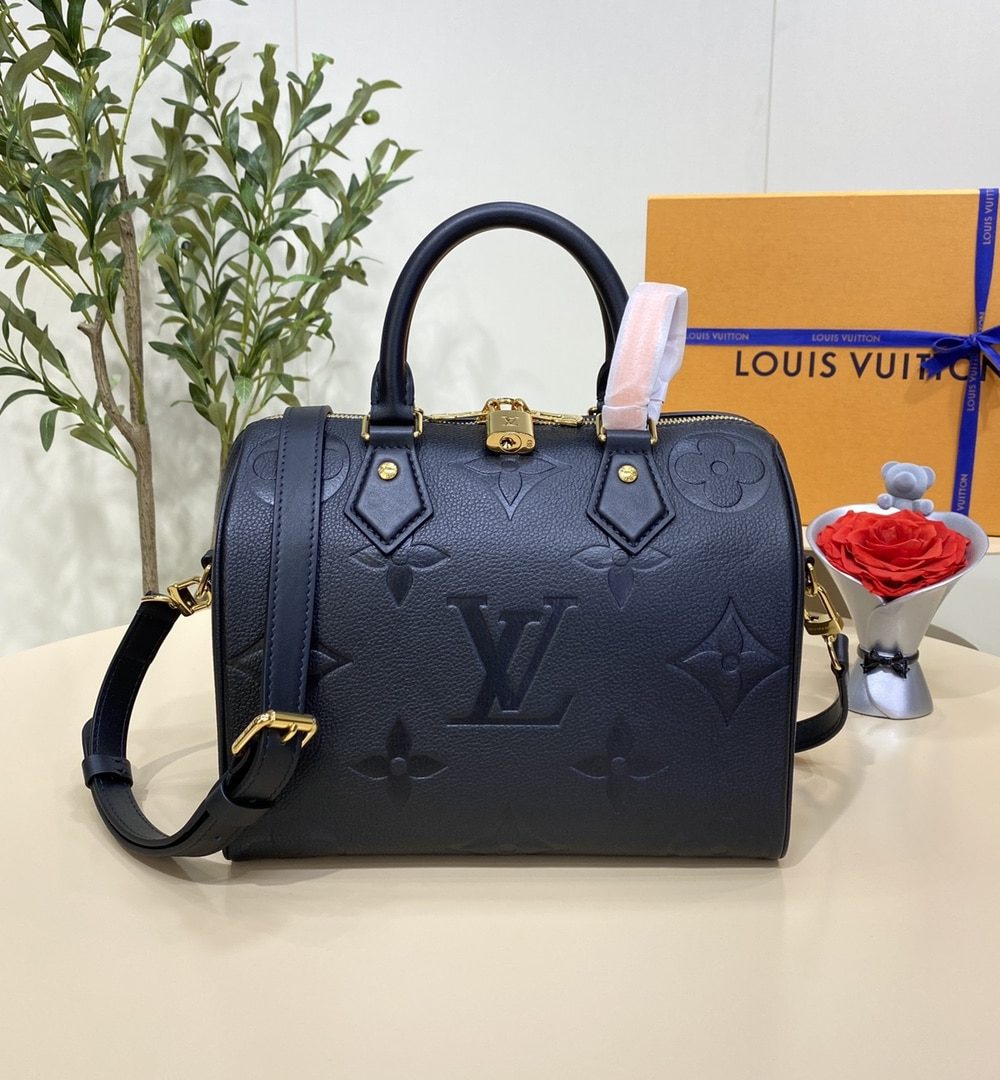 1:1 Replica Louis Vuitton LV Speedy Bandoulière 25 Monogram Empreinte Leather Black Luxury Bag For Women‎ M58951 - 9.8in/ 25cm