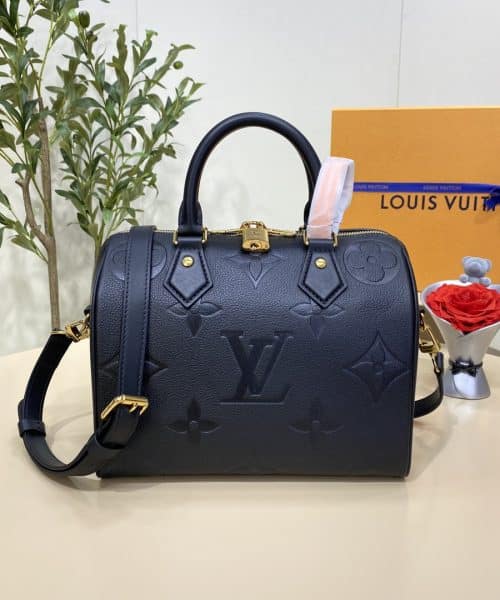 1:1 Replica Louis Vuitton LV Speedy Bandoulière 25 Monogram Empreinte Leather Black Luxury Bag For Women‎ M58951 - 9.8in/ 25cm