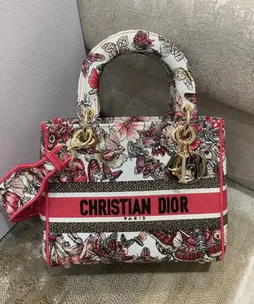 1:1 Replica Christian Dior Medium Lady D-Lite Bag Multicolor Butterfly Embroidery, Red/Latte, For Women Women's Handbags, 24cm CD M0565ORHQ_M884