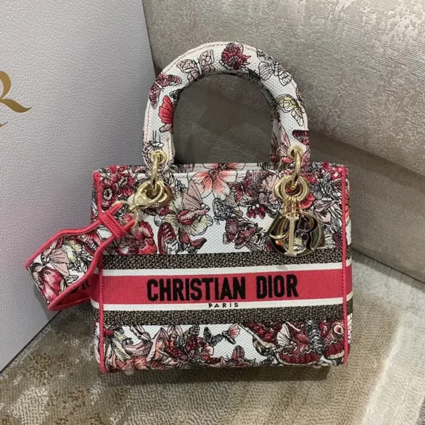 1:1 Replica Christian Dior Medium Lady D-Lite Bag Multicolor Butterfly Embroidery, Red/Latte, For Women Women's Handbags, 24cm CD M0565ORHQ_M884