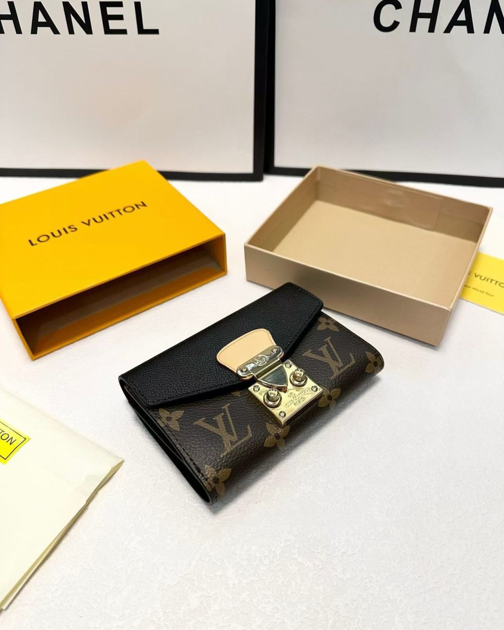 1:1 Replica Louis Vuitton Pallas Compact Wallet Monogram Canvas Black For Women, Women's Wallet 5.1in/13cm LV M67479