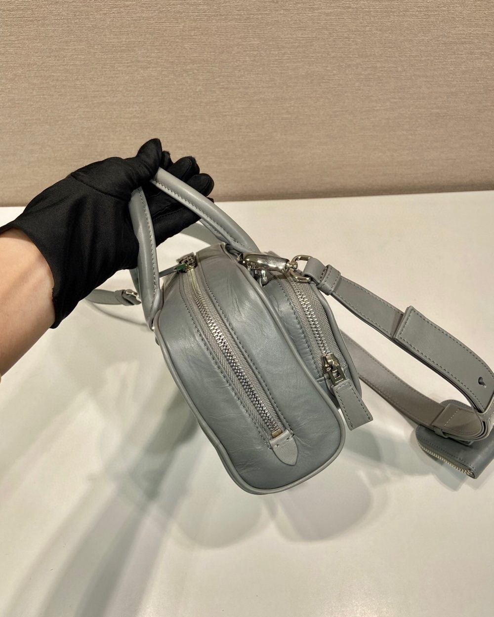 Antique Nappa Multi-Pocket Top-Handle Bag In Grey/Black For Women 9.5 in/ 24cm 1BB099_UVL_F0480_V_T2O