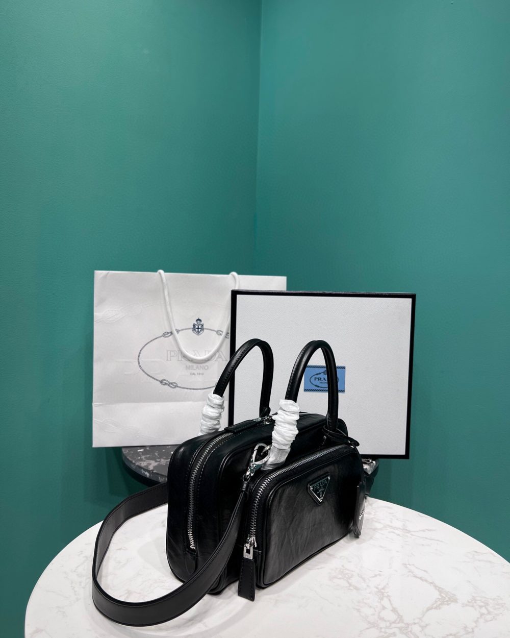 Antique Nappa Multi-Pocket Top-Handle Bag In Grey/Black For Women 9.5 in/ 24cm 1BB099_UVL_F0480_V_T2O