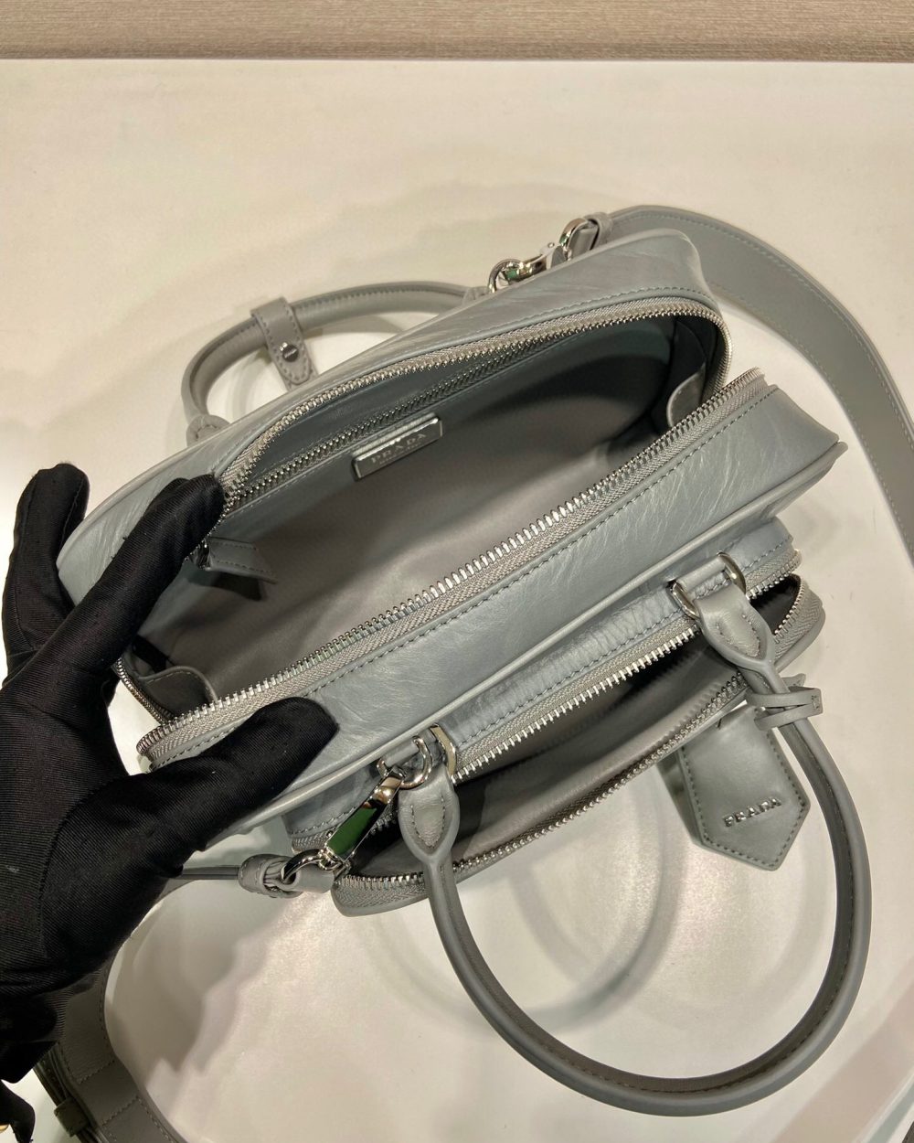 Antique Nappa Multi-Pocket Top-Handle Bag In Grey/Black For Women 9.5 in/ 24cm 1BB099_UVL_F0480_V_T2O