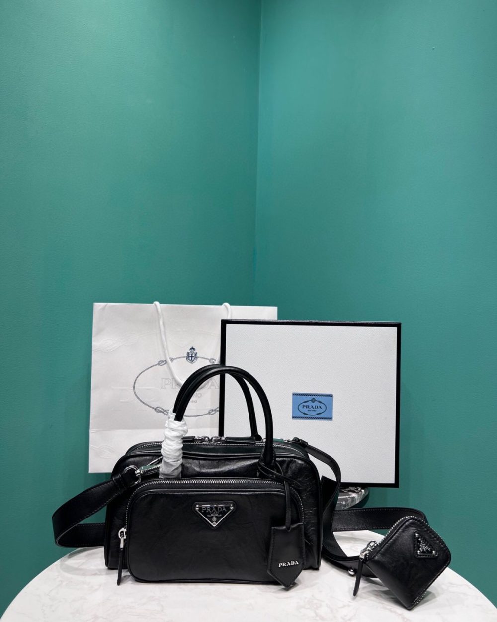 Antique Nappa Multi-Pocket Top-Handle Bag In Grey/Black For Women 9.5 in/ 24cm 1BB099_UVL_F0480_V_T2O