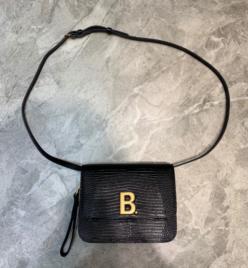 Balenciaga B Small Lizard Effect Cross-body Bag In Black, For Women, Women's Bags 7in/18cm