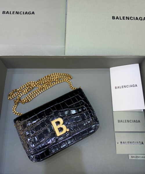 Balenciaga Croc Embossed Patent B Bag With Chain In Black, For Women, Women's Bags 7.9in/20cm