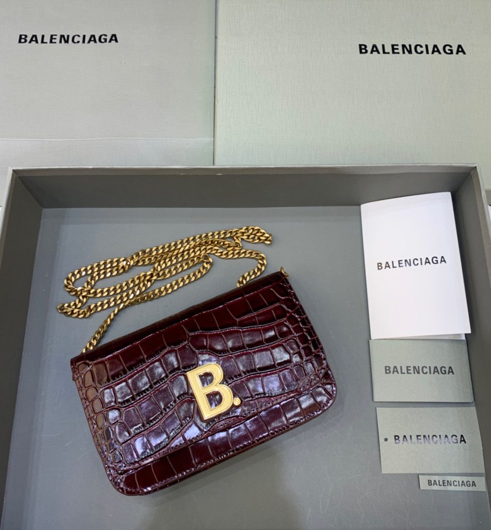 Balenciaga Croc Embossed Patent B Bag With Chain In Dark Red, For Women, Women's Bags 7.9in/20cm