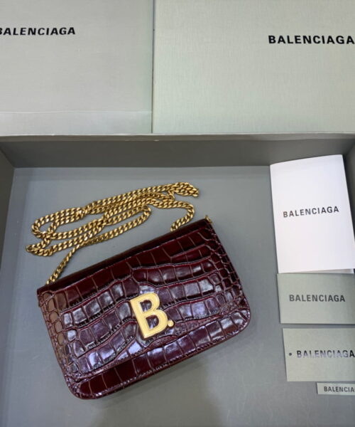 Balenciaga Croc Embossed Patent B Bag With Chain In Dark Red, For Women, Women's Bags 7.9in/20cm