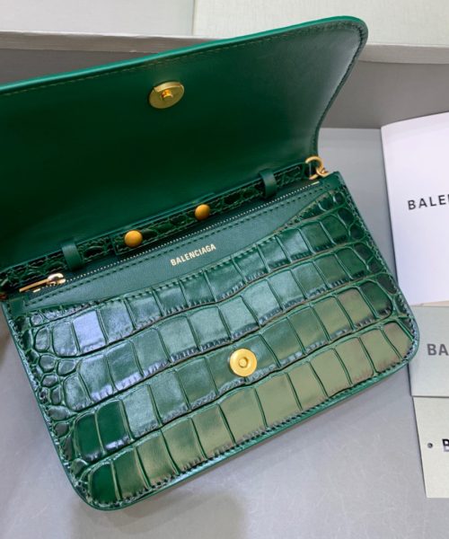 Balenciaga Croc Embossed Patent B Bag With Chain In Green, For Women, Women's Bags 7.9in/20cm