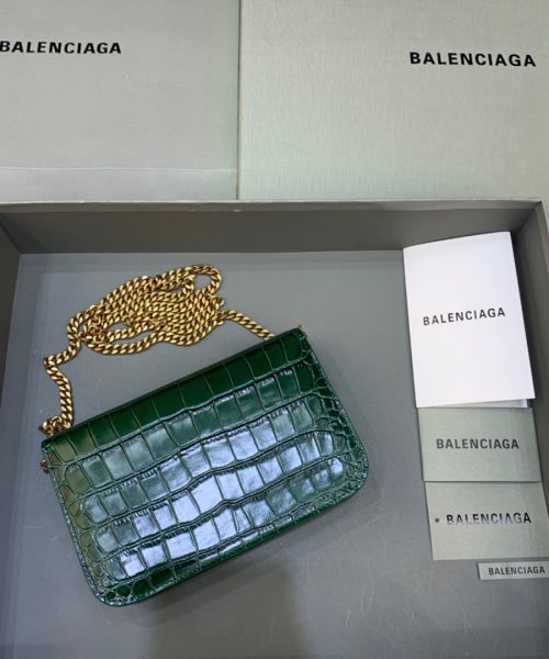 Balenciaga Croc Embossed Patent B Bag With Chain In Green, For Women, Women's Bags 7.9in/20cm