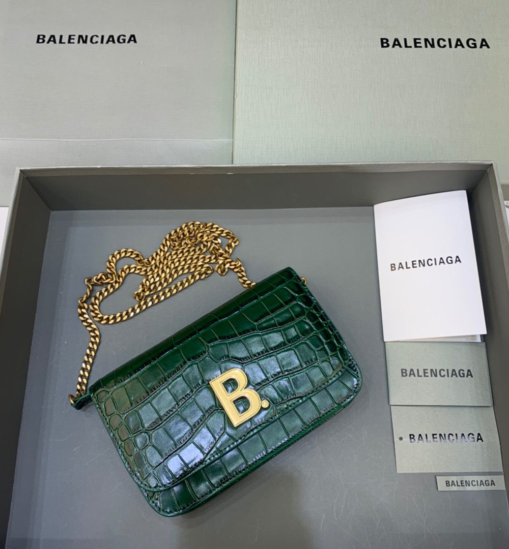 Balenciaga Croc Embossed Patent B Bag With Chain In Green, For Women, Women's Bags 7.9in/20cm