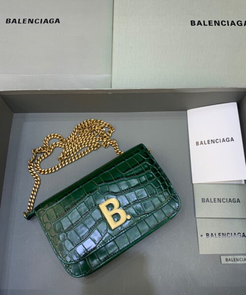 Balenciaga Croc Embossed Patent B Bag With Chain In Green, For Women, Women's Bags 7.9in/20cm