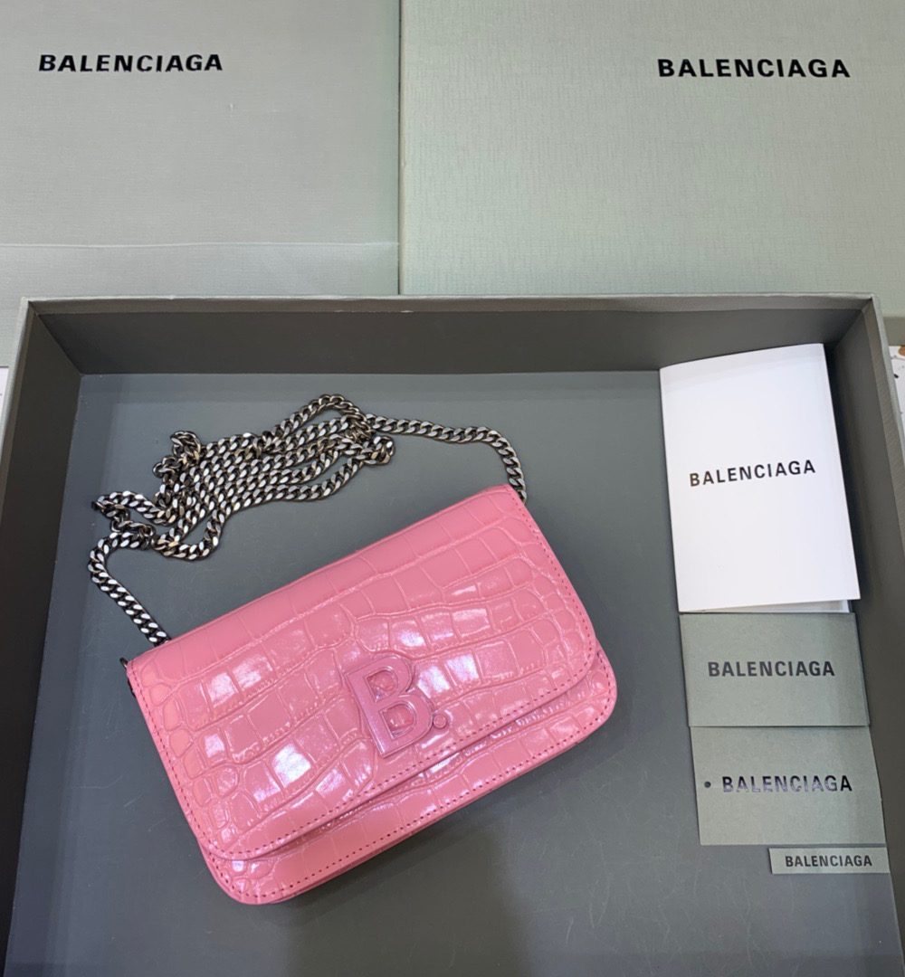 Balenciaga Croc Embossed Patent B Bag With Chain In Pink, For Women, Women's Bags 7.9in/20cm