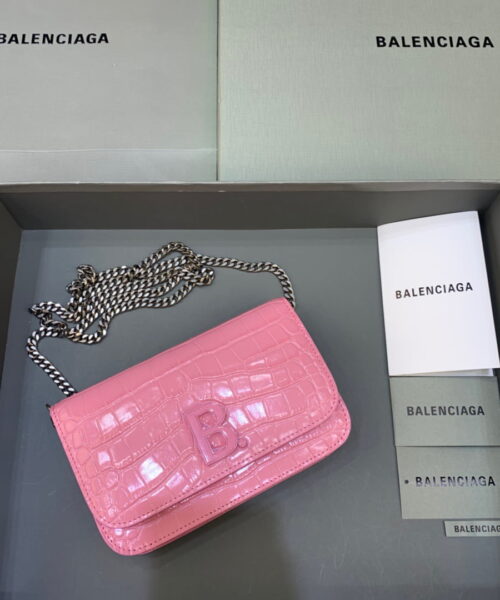 Balenciaga Croc Embossed Patent B Bag With Chain In Pink, For Women, Women's Bags 7.9in/20cm