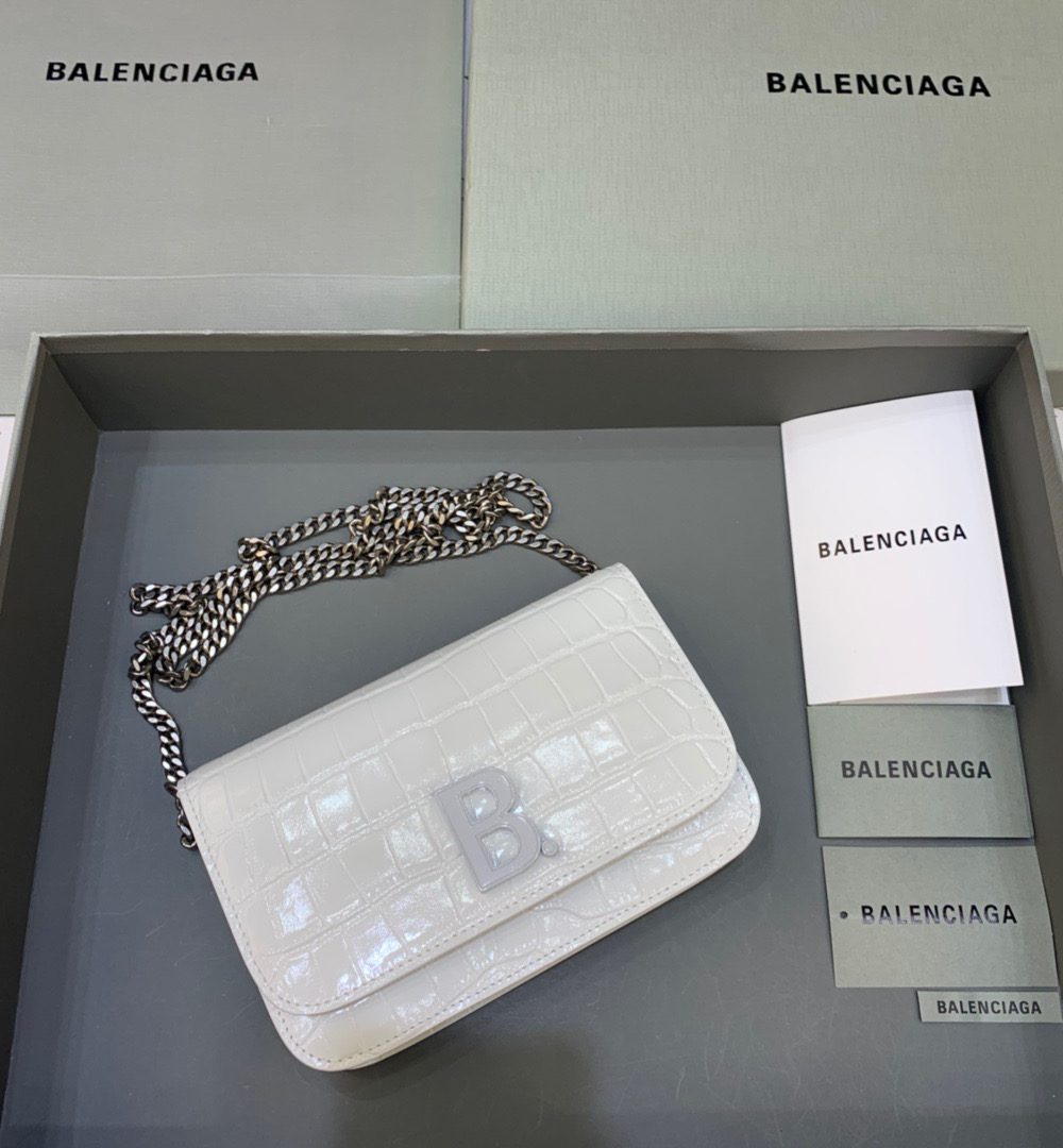 Balenciaga Croc Embossed Patent B Bag With Chain In White, For Women, Women's Bags 7.9in/20cm