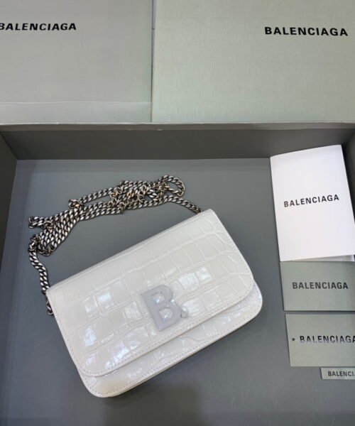 Balenciaga Croc Embossed Patent B Bag With Chain In White, For Women, Women's Bags 7.9in/20cm