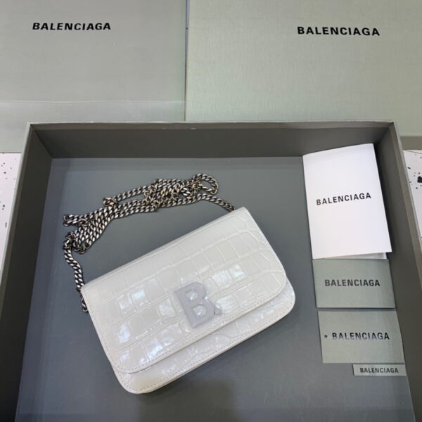 Balenciaga Croc Embossed Patent B Bag With Chain In White, For Women, Women's Bags 7.9in/20cm
