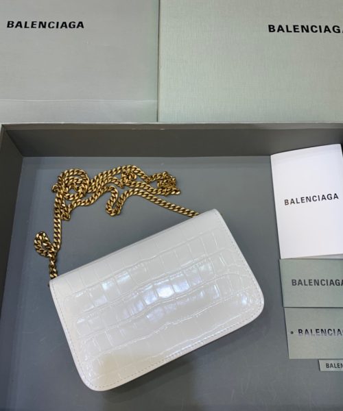 Balenciaga Croc Embossed Patent B Bag With Chain In White, For Women, Women's Bags 7.9in/20cm