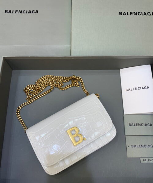 Balenciaga Croc Embossed Patent B Bag With Chain In White, For Women, Women's Bags 7.9in/20cm