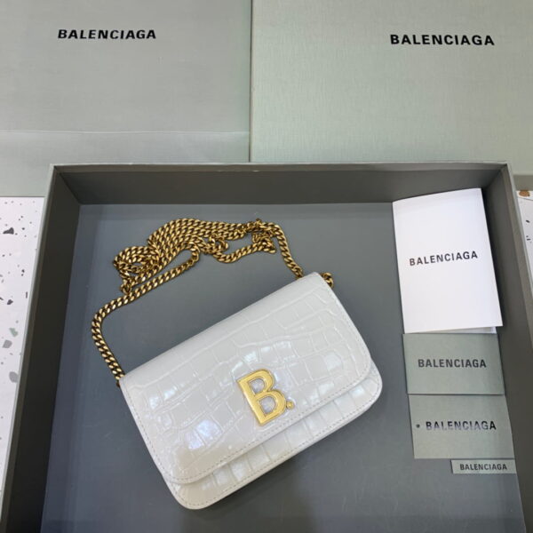 Balenciaga Croc Embossed Patent B Bag With Chain In White, For Women, Women's Bags 7.9in/20cm