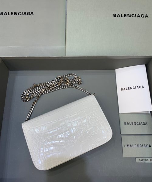 Balenciaga Croc Embossed Patent B Bag With Chain In White, For Women, Women's Bags 7.9in/20cm