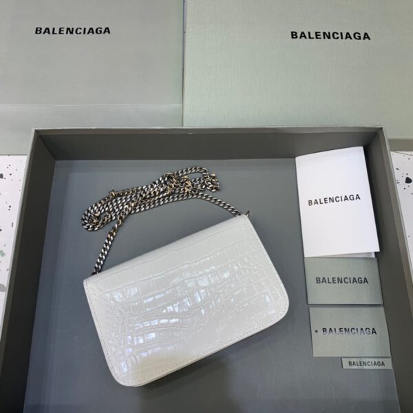 Balenciaga Croc Embossed Patent B Bag With Chain In White, For Women, Women's Bags 7.9in/20cm