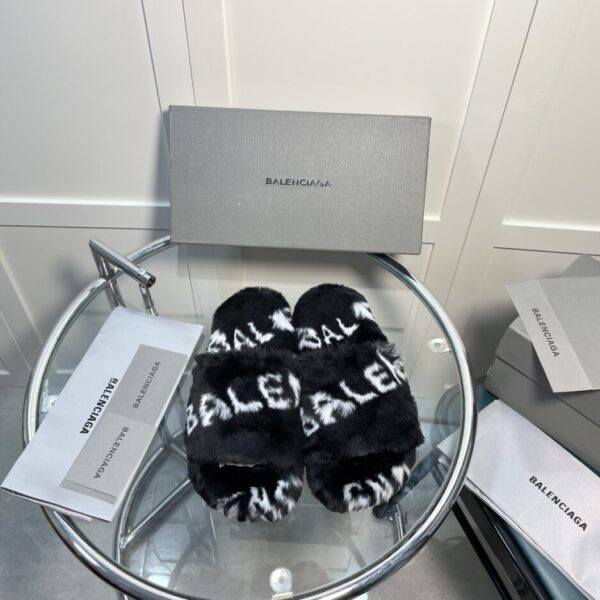 Balenciaga Furry Slide Sandal Allover Logo Black For Women 654261W2B411090