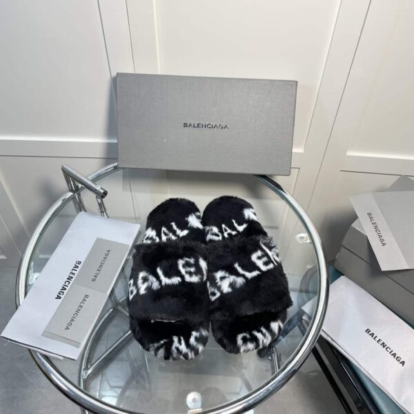 Balenciaga Furry Slide Sandal Allover Logo Black For Women 654261W2B411090