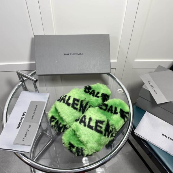 Balenciaga Furry Slide Sandal Allover Logo Green For Women