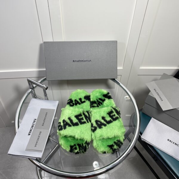Balenciaga Furry Slide Sandal Allover Logo Green For Women
