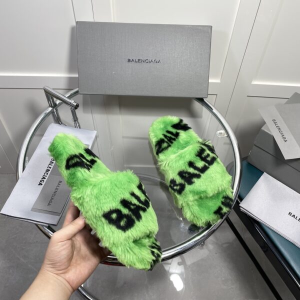 Balenciaga Furry Slide Sandal Allover Logo Green For Women