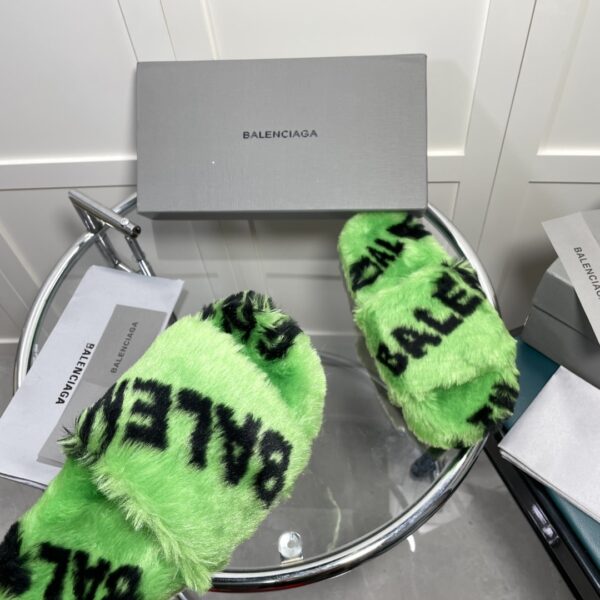 Balenciaga Furry Slide Sandal Allover Logo Green For Women